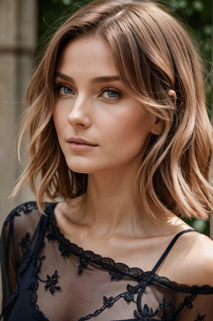 Cheveux : Longs, roux, bouclés. Les boucles peuvent être volumineuses et tomber en cascade sur ses épaules.
Yeux : Grands, verts émeraude, expressifs. Ils doivent être perçants, avec une lueur d'intensité et d'intelligence.
Peau : Claire, avec une légère touche de rose sur les joues.
Corpulence : Athlétique, avec des courbes marquées. Elle doit avoir une apparence à la fois forte et séduisante.