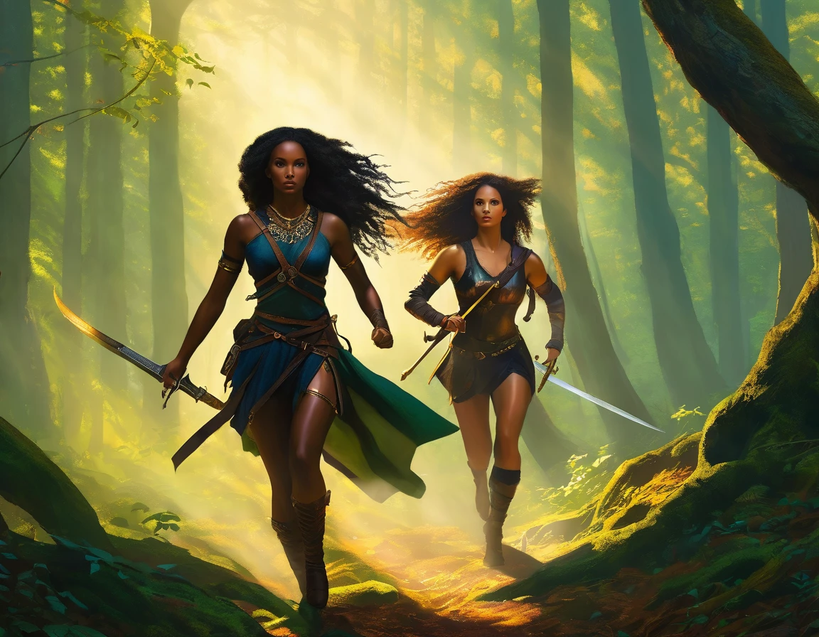 A stunningly beautiful and fierce woman and her companion, a woman with darker skin, run through a deep, ancient forest. They exude a rebellious aura, with their long, flowing hair and eyes that sparkle with defiance. Dressed in a blend of rugged leather and elegant fabrics, they appear both dangerous and alluring. In their hands, they grip finely crafted swords, symbols of their strength and skill. The forest around them is dense and mysterious, with mist swirling between ancient trees, suggesting an epic journey. The lighting filters through the dense foliage, casting dramatic shadows that add to the mystery and intensity of the scene. The overall mood is one of adventure, romance, and a hint of danger.

