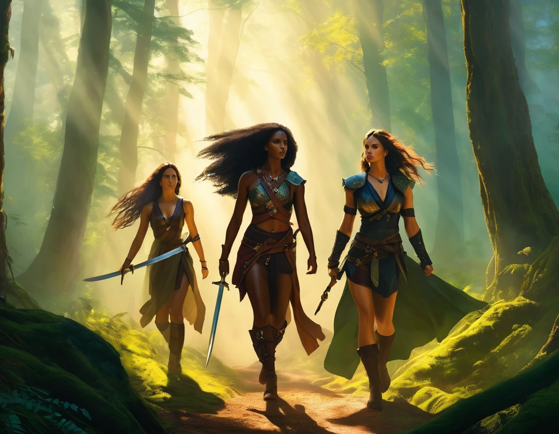 A stunningly beautiful and fierce woman and her companion, a woman with darker skin, run through a deep, ancient forest. They exude a rebellious aura, with their long, flowing hair and eyes that sparkle with defiance. Dressed in a blend of rugged leather and elegant fabrics, they appear both dangerous and alluring. In their hands, they grip finely crafted swords, symbols of their strength and skill. The forest around them is dense and mysterious, with mist swirling between ancient trees, suggesting an epic journey. The lighting filters through the dense foliage, casting dramatic shadows that add to the mystery and intensity of the scene. The overall mood is one of adventure, romance, and a hint of danger.
