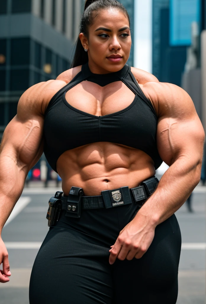 A heavily muscled iffb pro female bodybuilder, a RAW photo, portrait of leilanilei, mature, (NYPD:1.2), (black police uniform:1.1), times square, intricate details, masterpiece, 8k