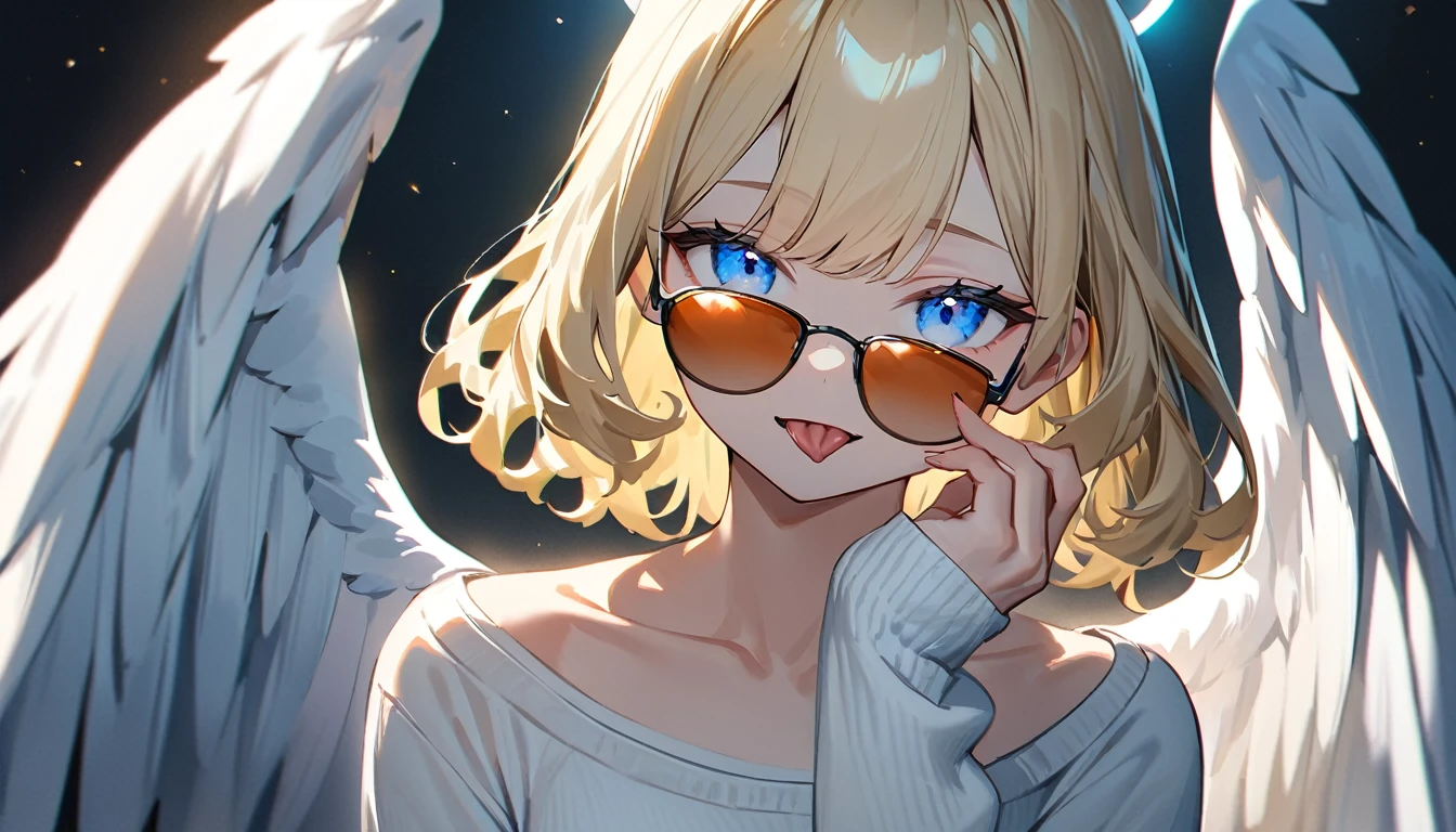 (((One girl))), ((sunglasses, hand to sunglasses)), ((angel, big big white wings:1.2, halo:1.3)), Uriel, ((wavy hair, outward curled hair)), evening, Sunset, open mouth, ((stick out tongue)), ((blond hair, bob cut:1.3)), big breasts, teenager, (looking at viewer), oversized clothes, puffy long sleeves, collarbone, ((off-shoulder sweater dress:1.3, Quite thick shoulder straps)), (((sleeves past wrists:1.3))), ((white sweater)), collarbone, head tilt:1.3, (((blue eye))), ((happy smile)), (((anime style))), (best quality, 4K, 8K, highres, masterpiece:1.2, ultra-detailed, ultra-detailed eyes, HDR, uhd, studio lighting, ultra-fine painting, sharp focus, physically-based rendering, extreme detail description, professional, vivid colors, bokeh), ((Highest quality, Best image quality, Ultra-high resolution, Ultra-high resolution, solo, Strong eye highlights)), Depth of written boundary, Natural soft light, attractive, Beautiful Face, Cleanliness, Pure Face, medium chest, Beautiful Face, Perfect Fingers, Perfect hands, Perfect body, Perfect Face, Shine a light into your eyes, Perfect Anatomy