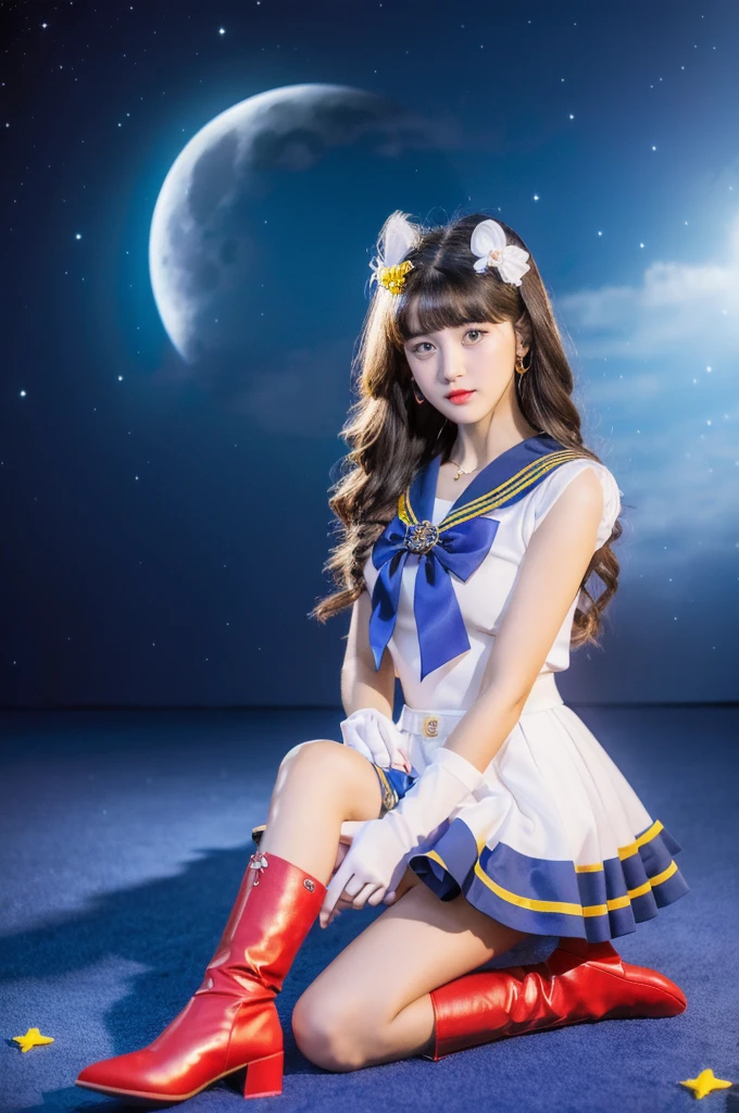 masterpiece, Highest quality, (1 Girl), Super Sailor Moon, Cowboy Lens, night sky, moonlight, night, White gloves, blue eyes, Galaxy Background, Colorful clothes, , Blue Skirt, hair ornaments, Red Bow, brooch, heart brooch, Earrings, Crescent Moon, heart necklace, heart, Very long hair, Crescent Moon moon Earrings, tiara, Yellow Necklace, boots, knee boots, Red Shoes, Long legs