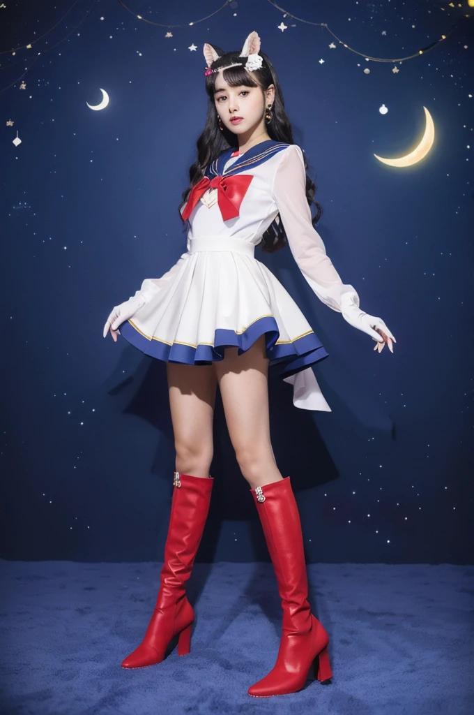masterpiece, Highest quality, (1 Girl), Super Sailor Moon, Cowboy Lens, night sky, moonlight, night, White gloves, blue eyes, Galaxy Background, Colorful clothes, , Blue Skirt, hair ornaments, Red Bow, brooch, heart brooch, Earrings, Crescent Moon, heart necklace, heart, Very long hair, Crescent Moon moon Earrings, tiara, Yellow Necklace, boots, knee boots,  Red Shoes, Long legs