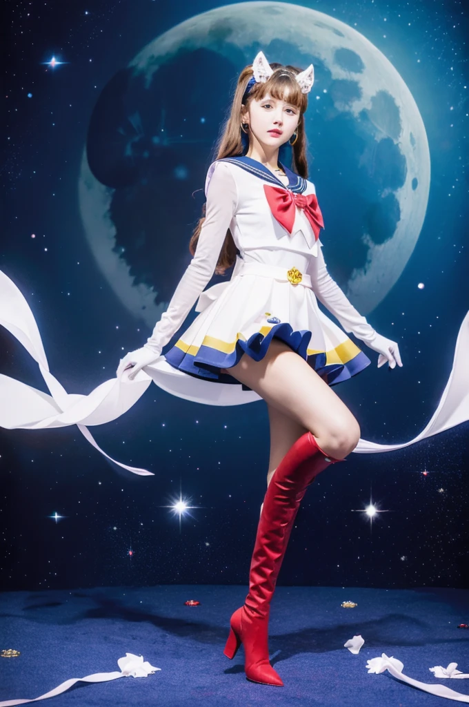 masterpiece, Highest quality, (1 Girl), Super Sailor Moon, Cowboy Lens, night sky, moonlight, night, White gloves, blue eyes, Galaxy Background, Colorful clothes, , Blue Skirt, hair ornaments, Red Bow, brooch, heart brooch, Earrings, Crescent Moon, heart necklace, heart, Very long hair, Crescent Moon moon Earrings, tiara, Yellow Necklace, boots, knee boots, Red Shoes, Long legs