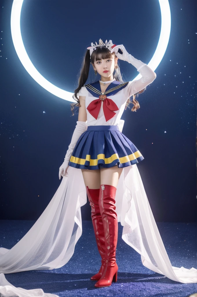 masterpiece, Highest quality, (1 Girl), Super Sailor Moon, Cowboy Lens, night sky, moonlight, night, White gloves, blue eyes, Galaxy Background, Colorful clothes, , Blue Skirt, hair ornaments, Red Bow, brooch, heart brooch, Earrings, Crescent Moon, heart necklace, heart, Very long hair, Crescent Moon moon Earrings, tiara, Yellow Necklace, boots, knee boots, Red Shoes, Long legs