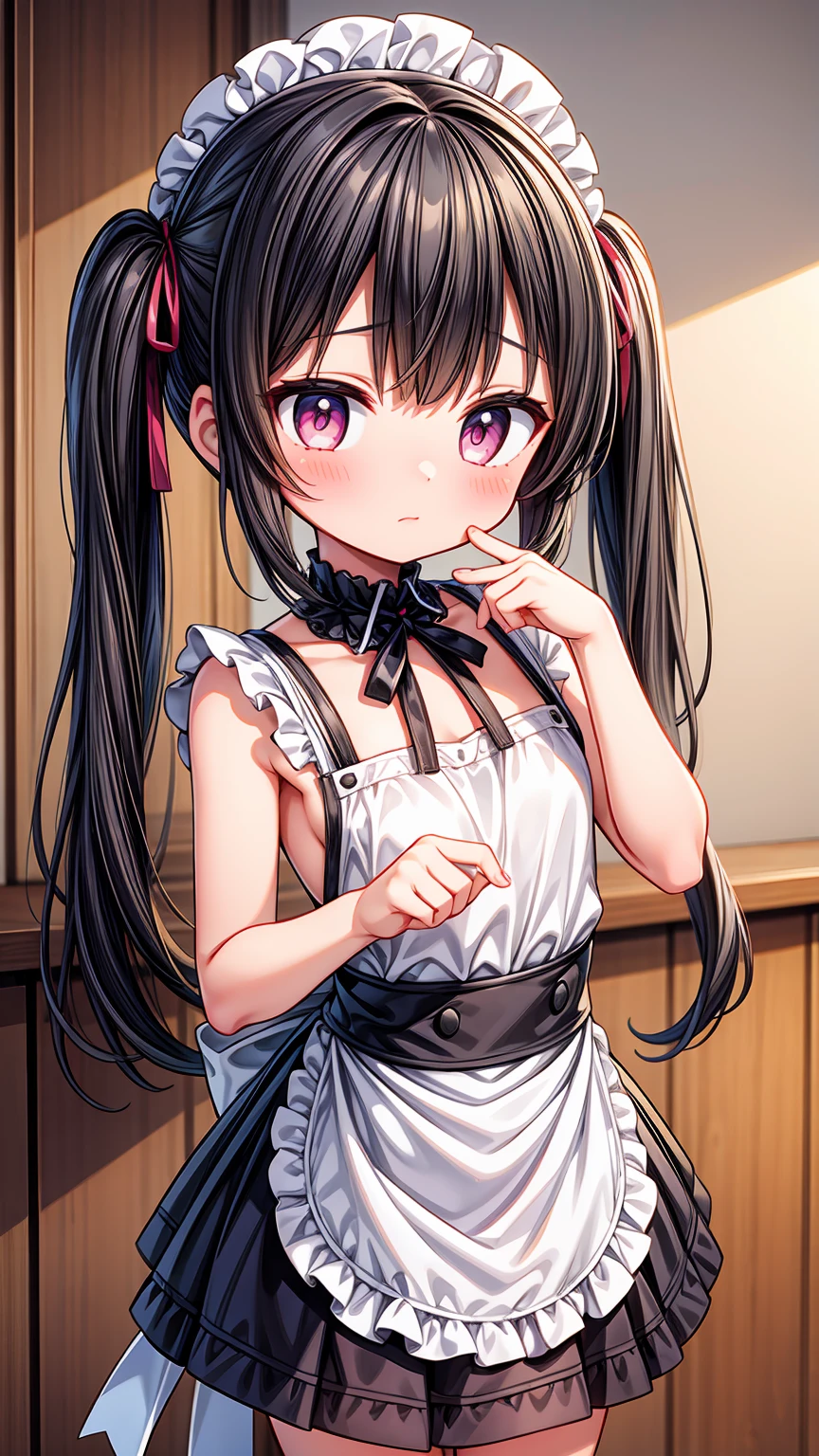(8K, Highest image quality, highest quality, masterpiece), detailed face, ((loli)), ((girl)), (little curve), black hair, short twintails, pink eyes, ((very small bust)), (flat bust), (naked apron), cowboy shot, put your hand on your mouth, kitchen background, ((very blushing)), ((detailed hands and fingers)), viewer perspective from below, (blush)