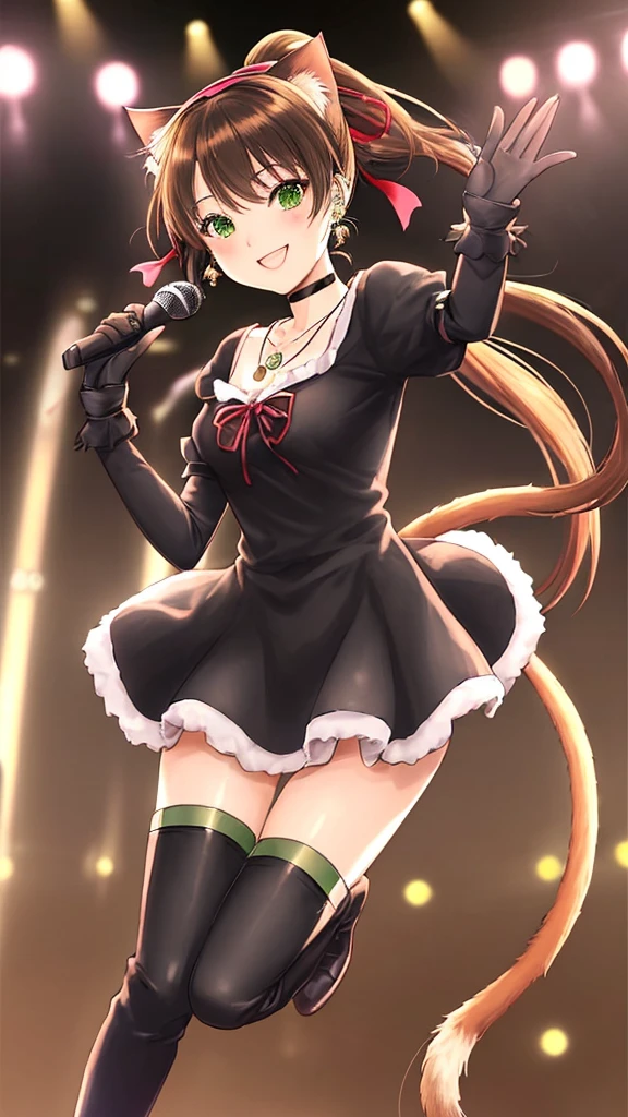 female, multiple girls, a cat, hopeful, smiling, wink, standing, dancing, looking at viewer, long hair, short hair, semi long, twintail, ponytail, side tail, black hair, brown hair, blonde, red hair, green hair, short, slender, slim, skinny, frilled clothing, hairband, hair ribbon, piercing, earrings, necklace, choker, gloves, knee socks, long boots, ribbon, with a microphone, 20-year-old, japanese, at concert, on stage, in the festival, in the theater, at night, cute, anime, soft-edged, soft surface,  front view, dynamic angle, wide shot, underlighting, depth of field
