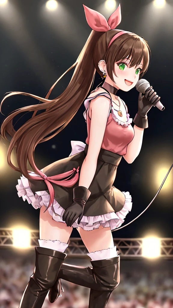masterpiece, best quality, ultra detailed, 1girl, cute, microphone, realistic, underwear, (panties:1.5), Idol, standing, looking at viewer, (looking back:1.3), ( from behind:1.4), on stage, indoor, in public, (flat chest:1.3), straight hair, (two side up:1.2), blue eyes, smile, solo, Idol dress, holding microphone, upskirt, cowboy shot
,,kukuri,,braid,brown hair,brown eyes,black robe