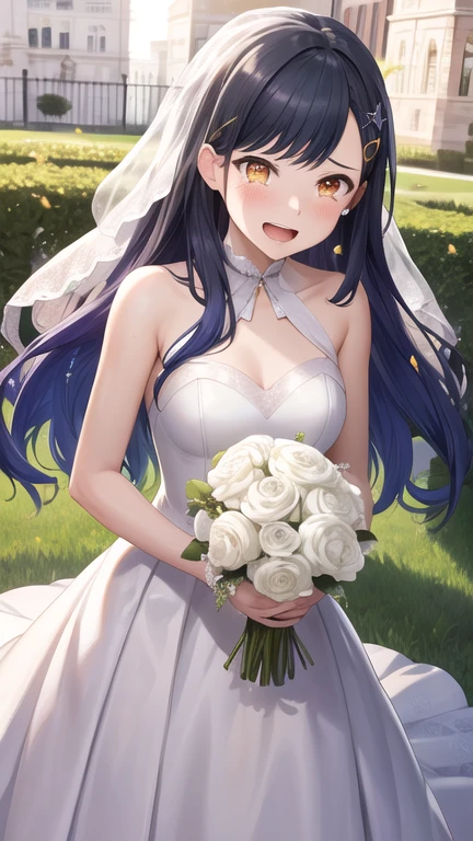 masterpiece, best quality, highres, aaan, long hair, multicolored hair, gradient hair, hair ornament, orange eyes, wedding dress, smile, open mouth, tears, holding bouquet, garden, confetti, standing, cowboy shot,