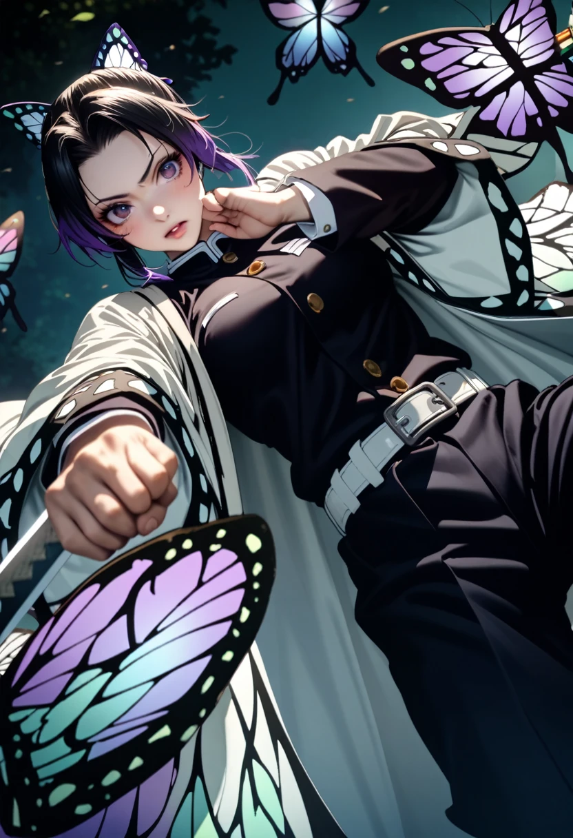 k0ch0ush1n0bu, shinobu kochou, black hair, ((flying many butterfly background:1.5)), butterfly hair ornament, butterfly print, forehead, gradient hair, hair ornament, haori, multicolored hair, parted bangs, purple hair, short hair, two-tone hair,belt, black pants, butterfly print, coat, demon slayer uniform, haori, japanese clothes, pants, uniform,,1  japanese muscular girl,perfect hands,perfect anatomy, masterpiece, best quality,realistic, hyperrealistic, 16k hdr,medium breasts,outdoor,night,japanese old garden,(angry:0.8),red blush,dynamic pose,dynamic angle,(jump,kick,in the air:1.3),(from below,:1.2),(holding japanese sword,butterfly shaped sword guard:1.2) ,(open jacket:1.2)