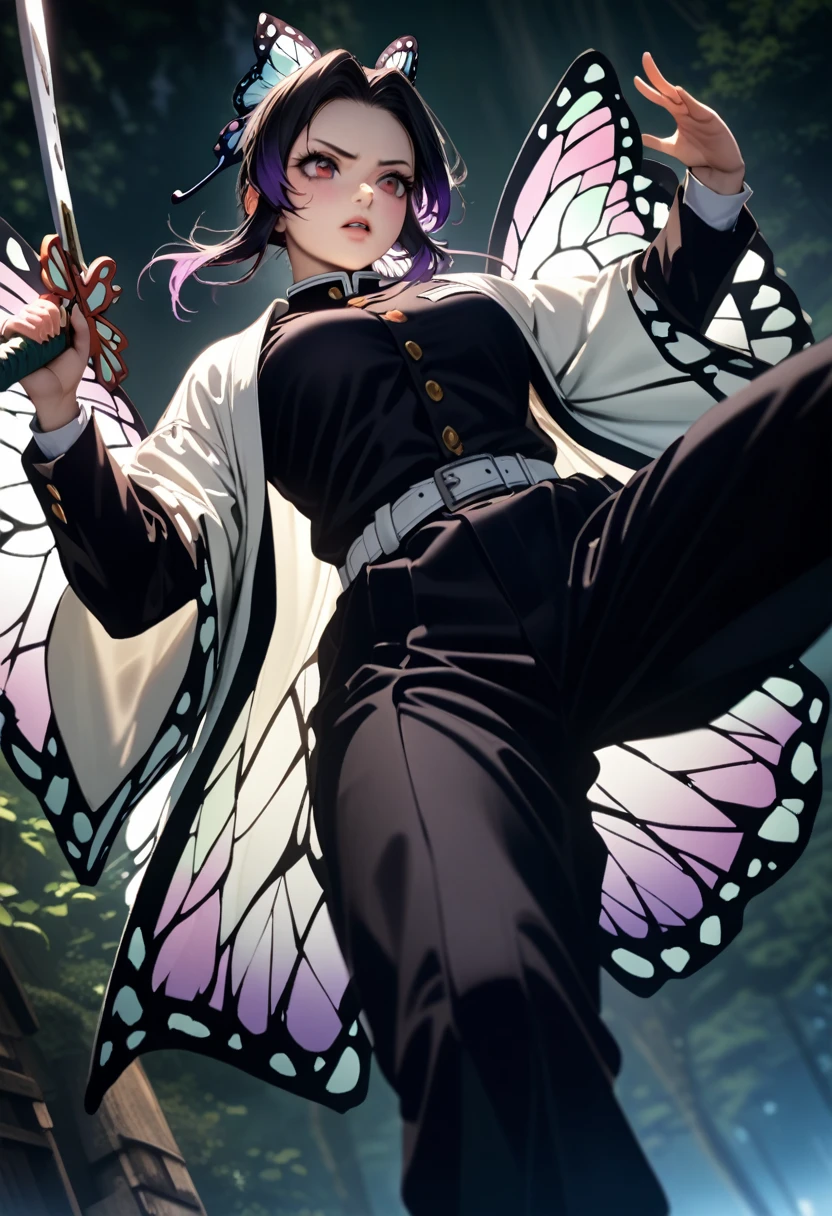 k0ch0ush1n0bu, shinobu kochou, black hair, ((flying many butterfly background:1.5)), butterfly hair ornament, butterfly print, forehead, gradient hair, hair ornament, haori, multicolored hair, parted bangs, purple hair, short hair, two-tone hair,belt, black pants, butterfly print, coat, demon slayer uniform, haori, japanese clothes, pants, uniform,,1  japanese muscular girl,perfect hands,perfect anatomy, masterpiece, best quality,realistic, hyperrealistic, 16k hdr,medium breasts,outdoor,night,japanese old garden,(angry:0.8),red blush,dynamic pose,dynamic angle,(jump,kick,in the air:1.3),(from below,:1.2),(holding japanese sword,butterfly shaped sword guard:1.2) ,(open jacket:1.2)