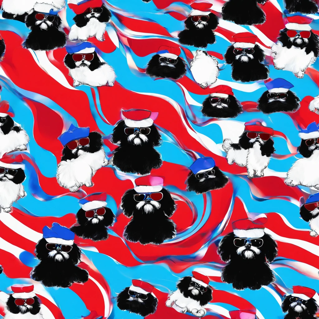 2 Adorable small black Shih Tzu puppies wearing blue sunglasses red white and blue background Pixar 3D cartoon
