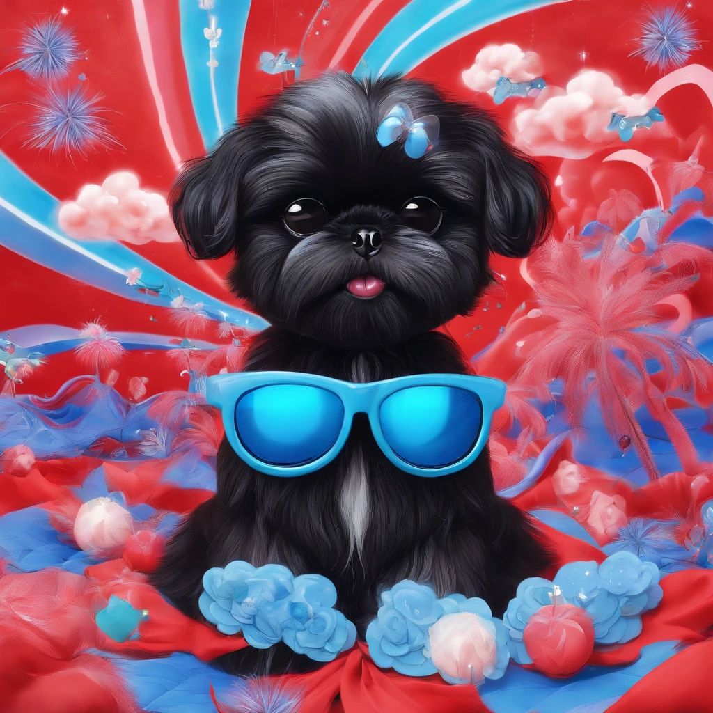 2 Adorable small black Shih Tzu puppies wearing blue sunglasses red white and blue background Pixar 3D cartoon