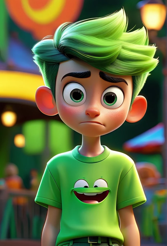 Funnily film character, disney pixar style , 3d, a boy playing representing the emotion fun, with short neon green hair, wearing light green amusement park t-shirt and dark green shorts, greeneyes, smilling face, greenskin , vibrant and colorful background 8k quality Creation