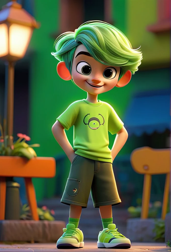 Funnily film character, disney pixar style , 3d, a boy playing representing the emotion fun, with short neon green hair, wearing light green amusement park t-shirt and dark green shorts, greeneyes, smilling face, greenskin , vibrant and colorful background 8k quality Creation