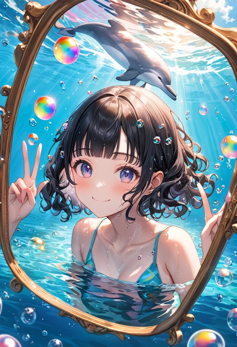 RAW Photos:1.2, masterpiece, Highest quality, 16K, Unbelievably absurd, Very detailed, Perfect beauty, 水中から美しいイルカとswim、swim with lots of Dolphin,bubble,1 girl,swim,Upper Body, Long, jet-black curly hair, Blunt bangs, Long sideburns, Wet Hair, Vibrant colors, Ultra-realism:1.2, Middle chest, Rainbow bubbles, Jumping up into the sea, Water bubbles, Girl looks up, peace sign, A shy smile, Mirror Effect:1.2,