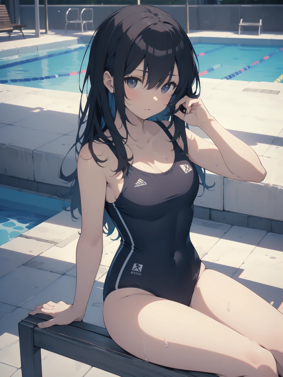 ultra-Top-quality by art God, ultra-detailed, high resolution, shinkai makoto style, anime moe artstyle, best anime 8k konachan wallpaper, pixiv contest winner, perfect anatomy, break,(Please draw a picture of a girl in a swimsuit sitting on a bench by the poolside alone.),break, a hyperrealistic school girl, parted lips, (Solo,ta, kid, 13-year-old:1.3),Full limbs, complete fingers, androgynous charm, very long hair, wet hair, small breasts,slender body, Small butt, groin, Small black eyes,hanme,beautiful detailed eyes, well-proportioned iris and pupils, sleepily, highres detailed hair, swimsuit, wet swimsuit, bare shoulders, thighs, in the school pool. break,super detailed skin, shiny skin, Best lighting powered by famous artist, 8k, illustration,UHD, textured skin,break,((artist:toosaka_asagi )), artist:clamp ,artist:carnelian ,artist:kantoku ,
