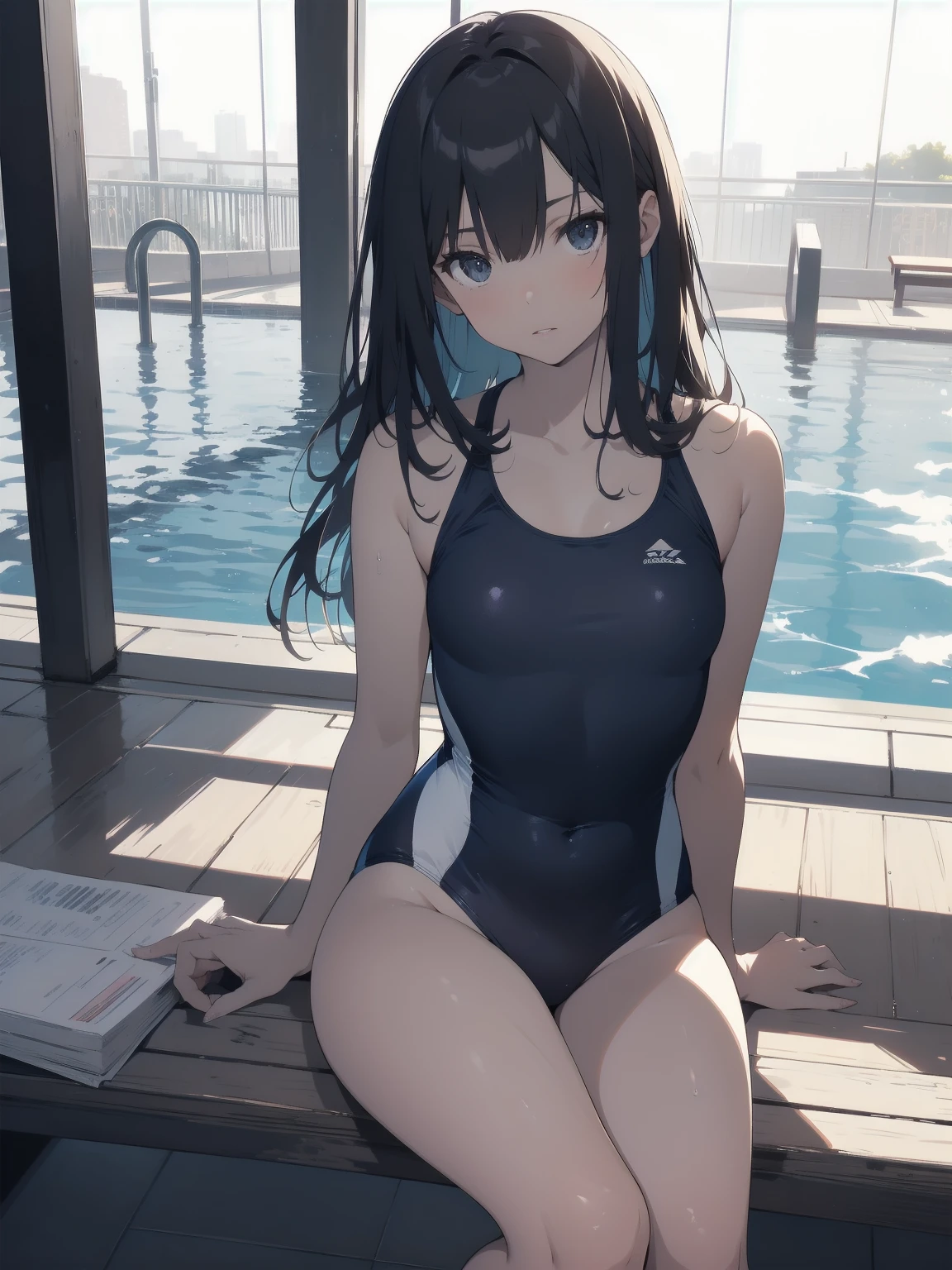 ultra-Top-quality by art God, ultra-detailed, high resolution, shinkai makoto style, anime moe artstyle, best anime 8k konachan wallpaper, pixiv contest winner, perfect anatomy, break,(Please draw a picture of a girl in a swimsuit sitting on a bench by the poolside alone.),break, a hyperrealistic school girl, parted lips, (Solo,ta, kid, 13-year-old:1.3),Full limbs, complete fingers, androgynous charm, very long hair, wet hair, small breasts,slender body, Small butt, groin, Small black eyes,hanme,beautiful detailed eyes, well-proportioned iris and pupils, sleepily, highres detailed hair, swimsuit, wet swimsuit, bare shoulders, thighs, in the school pool. break,super detailed skin, shiny skin, Best lighting powered by famous artist, 8k, illustration,UHD, textured skin,break,((artist:toosaka_asagi )), artist:clamp ,artist:carnelian ,artist:kantoku ,