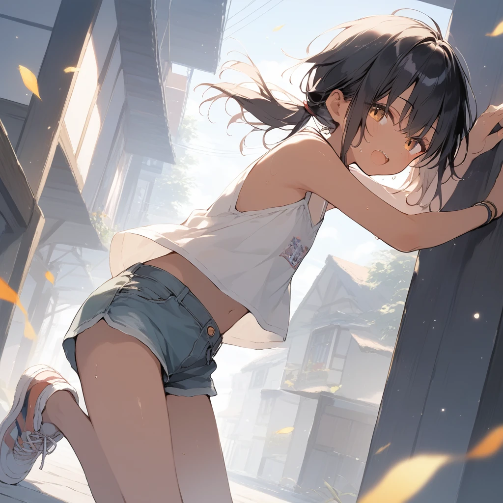 score_9, score_8_up, score_7_up, source_anime, best quality, masterpiece, official art, absurdres, highres, ultra-detailed,waifu2x,Collection: Slice of Life,break,1girl, tomboy, dark-skinned female, short hair, low ponytail, flat chest, beautiful detailed eyes, short shorts, sweat, open mouth, (yawn:0.3), sleepily, outdoors, wind, break,(clear line illustration:1.2),very high resolution, very aesthetic, super detailed skin, Best sexual lighting powered by famous artist, 8k,cute picture,beauty illustration,photoshop_(medium),,(Detailed Lighting),best anime 8k konachan wallpaper, pixiv contest winner,