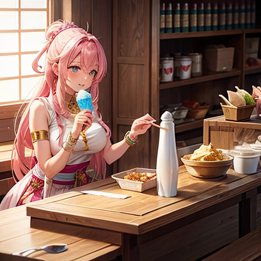 Pink haired goddess eating soft serve ice cream Indian traditional clothing Isekai Cafeteria