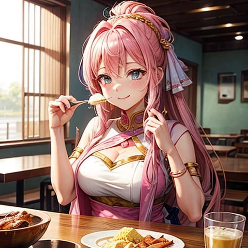 Pink haired goddess eating soft serve ice cream　Indian traditional clothing　Isekai Cafeteria