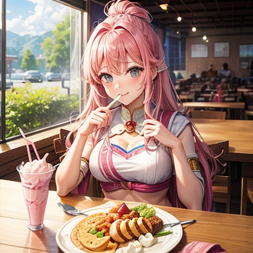 Pink haired goddess eating soft serve ice cream Indian traditional clothing Isekai Cafeteria