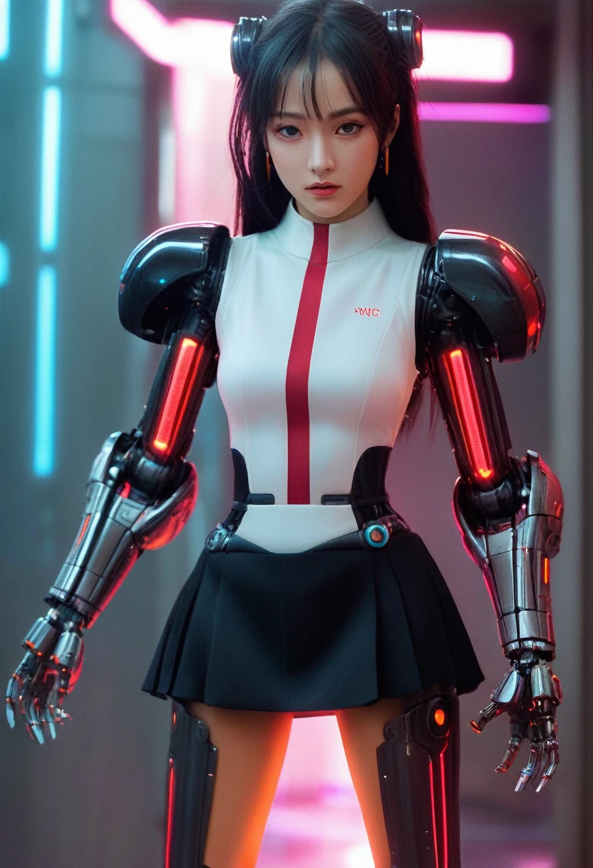 xxmixgirl. Highly detailed professional 35mm film, bokeh, face in sharp focus. A robotic female, Miku, with ((metal skin)), ((perfect Asian eyes)) with magenta irises and ((black pupils)), beautiful serious (detailed face), 1 ((photorealistic face)), very long magenta twin tails of magenta hair, twin black hair ties with a single red stripe. She may have a black audio headpiece. We can see her ((full body)) down to her boot soles. Her outfit is a sleeveless collared light grey shirt, outlined in red around the frilled collar and hems. Shiny reflective ((metallic breast cups, dimpleless)), invisible nipples. She wears black sleeves with red hems that start around her upper arm and bellow out as the sleeves open and extend to her wrists, with wide trumpet red rimmed cuffs. She has perfect robotic (detailed hands). She wears a red colored tie with two horizontal solid parallel black lines halfway across. She wears a fabric black skirt with a horizontal red hem at the bottom all the way around; her (((black skirt wraps around her))) and ((her skirt completely covers)) her robotic waist and thighs. Tall black boots with red bottom soles, a red rim around the top at her thighs. Her mechanical shoulder joints are visible. We can see her robotic legs and robotic neck. Half of her is covered with shiny polished machinery. The background is a distant dark neon futuristic Japanese city, gold, cyan, violet neon, near harbor or mountains.