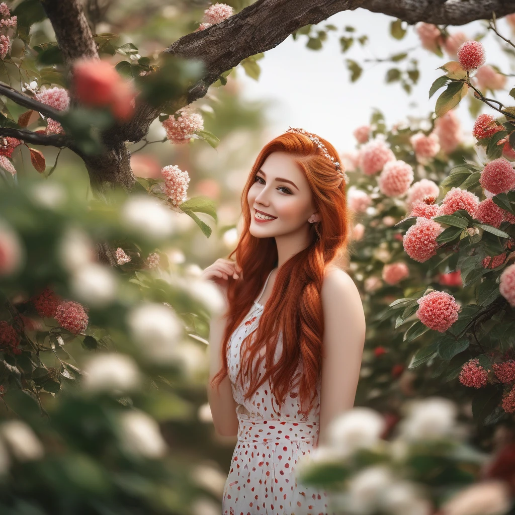 work of art, best qualityer, beautiful pale and cute american girl, smiling, (top cut), red hair loose braided hair, short polka skirt, lean against a tree, fild, flowers smiling, perfectly symmetrical face, skin detailed, chic, seducer, appealing, incredible photography, work of art, best qualityer, 8K, high qualiy, photorrealistic, 真实感, artistic photography, Nikon D850, 16K, sharp focus, work of art, breathtaking, atmospheric perspective, Diffusion, pore correlation, skin imperfections, dslr, Lente 80mm Sigma f2, depth of fild, complex natural lighting, looking at the camera