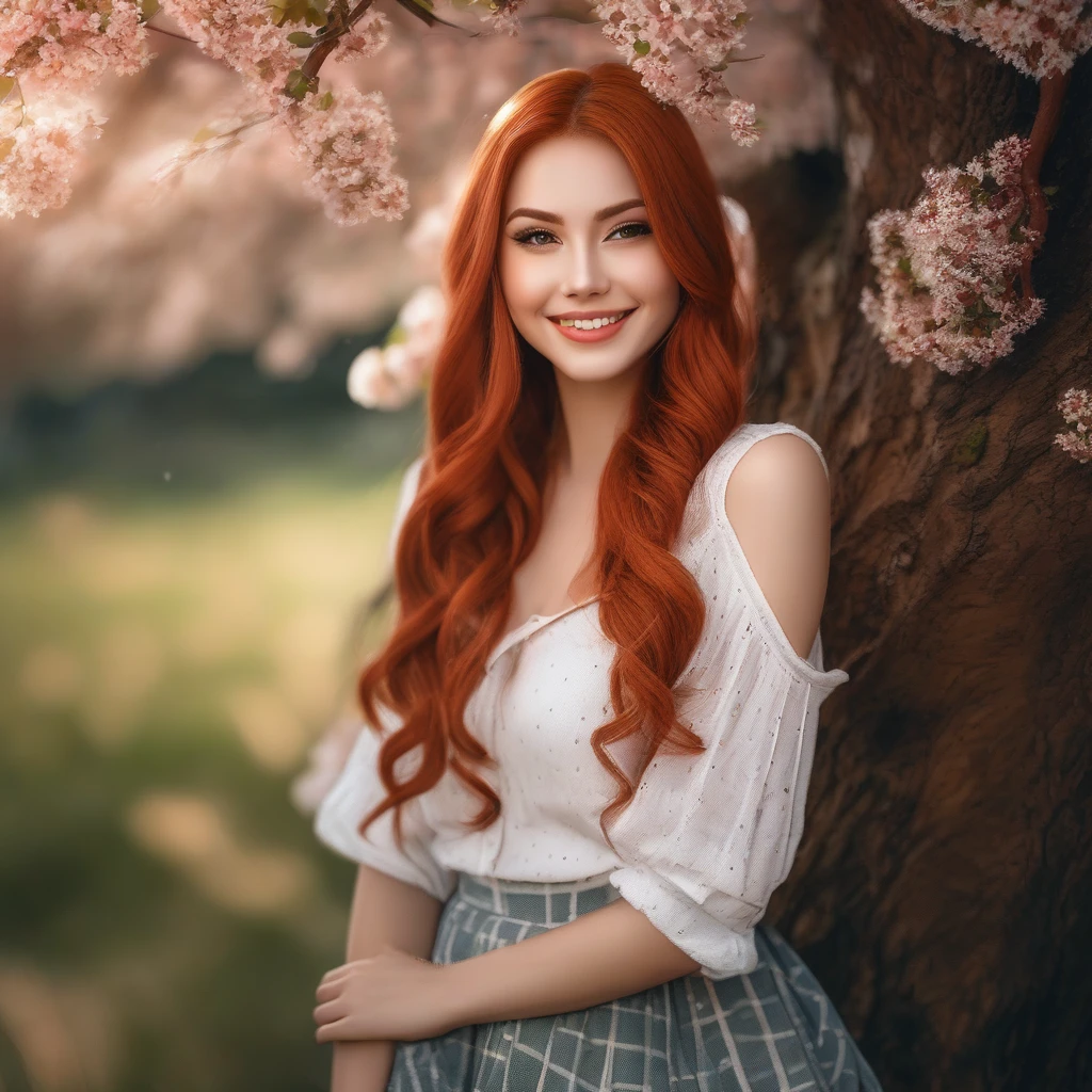 work of art, best qualityer, beautiful pale and cute american girl, smiling, (top cut), red hair loose braided hair, short polka skirt, lean against a tree, fild, flowers smiling, perfectly symmetrical face, skin detailed, chic, seducer, appealing, incredible photography, work of art, best qualityer, 8K, high qualiy, photorrealistic, 真实感, artistic photography, Nikon D850, 16K, sharp focus, work of art, breathtaking, atmospheric perspective, Diffusion, pore correlation, skin imperfections, dslr, Lente 80mm Sigma f2, depth of fild, complex natural lighting, looking at the camera