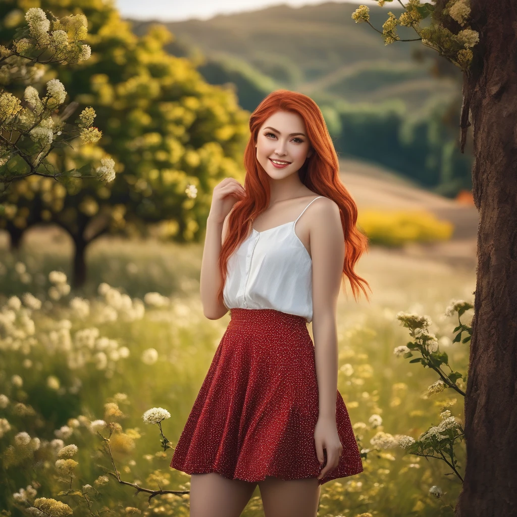 work of art, best qualityer, beautiful pale and cute american girl, smiling, (top cut), red hair loose braided hair, short polka skirt, lean against a tree, fild, flowers smiling, perfectly symmetrical face, skin detailed, chic, seducer, appealing, incredible photography, work of art, best qualityer, 8K, high qualiy, photorrealistic, 真实感, artistic photography, Nikon D850, 16K, sharp focus, work of art, breathtaking, atmospheric perspective, Diffusion, pore correlation, skin imperfections, dslr, Lente 80mm Sigma f2, depth of fild, complex natural lighting, looking at the camera