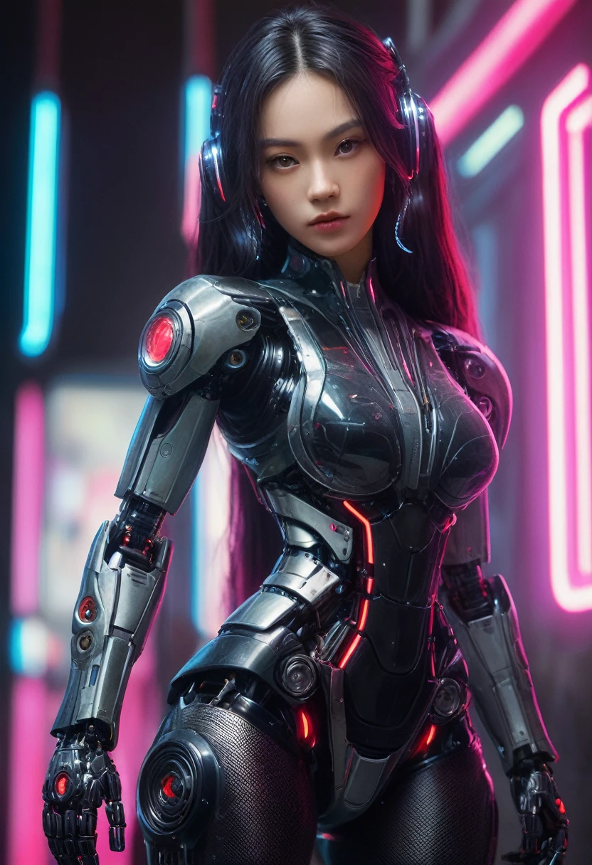 xxmixgirl. Highly detailed professional 35mm film, bokeh, face in sharp focus. A robotic female, Miku, with ((metal skin)), ((perfect Asian eyes)) with magenta irises and ((black pupils)), beautiful serious (detailed face), 18 year old ((photorealistic face)), very long magenta twin tails of magenta hair, twin black hair ties with a single red stripe. She may have a black audio headpiece. We can see her ((full body)) down to her boot soles. Her outfit is a sleeveless collared light grey shirt, outlined in red around the frilled collar and hems. Shiny reflective ((metallic breast cups, dimpleless)), invisible nipples. She wears black sleeves with red hems that start around her upper arm and bellow out as the sleeves open and extend to her wrists, with wide trumpet red rimmed cuffs. She has perfect robotic (detailed hands). She wears a red colored tie with two horizontal solid parallel black lines halfway across. She wears a fabric black skirt with a horizontal red hem at the bottom all the way around; her (((black skirt wraps around her))) and ((her skirt completely covers)) her robotic waist and thighs. Tall black boots with red bottom soles, a red rim around the top at her thighs. Her mechanical shoulder joints are visible. We can see her robotic legs and robotic neck. Half of her is covered with shiny polished machinery. The background is a distant dark neon futuristic Japanese city, gold, cyan, violet neon, near harbor or mountains.