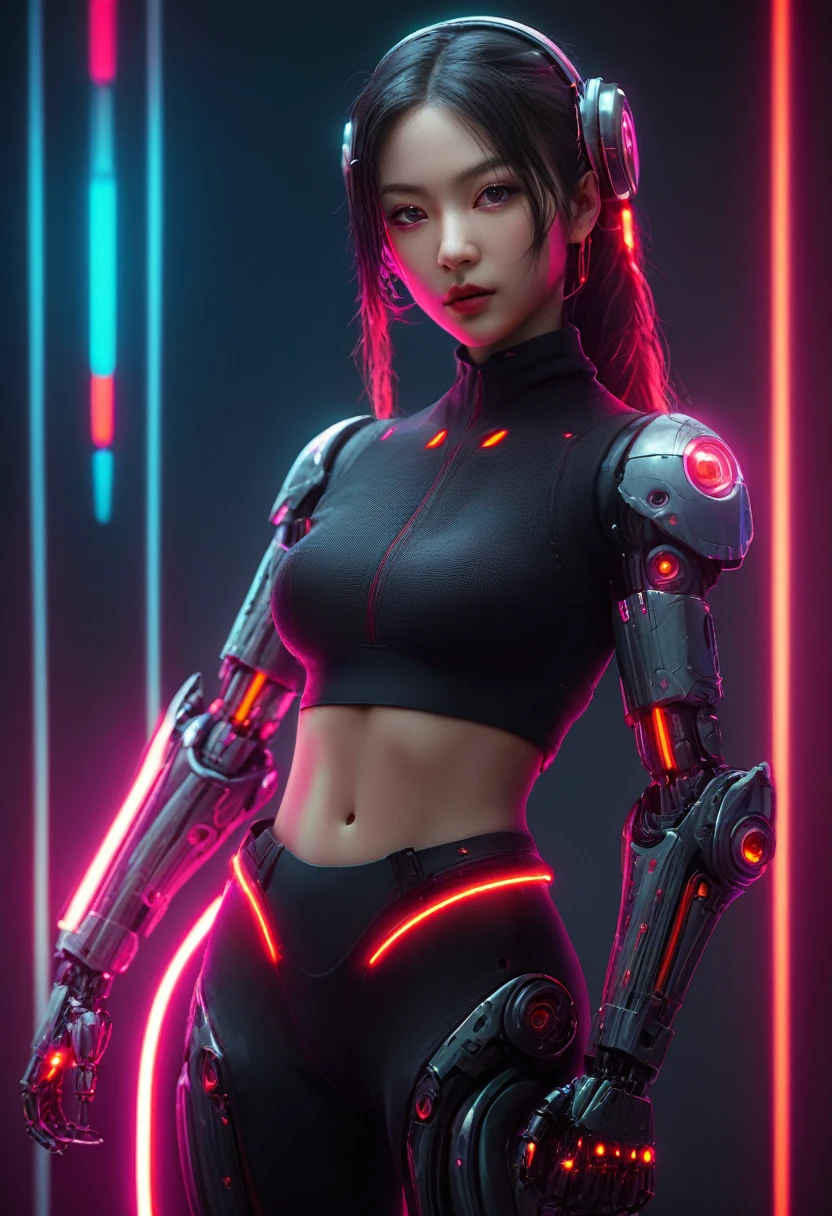 xxmixgirl. Highly detailed professional 35mm film, bokeh, face in sharp focus. A robotic female, Miku, with ((metal skin)), ((perfect Asian eyes)) with magenta irises and ((black pupils)), beautiful serious (detailed face), 18 year old ((photorealistic face)), very long magenta twin tails of magenta hair, twin black hair ties with a single red stripe. She may have a black audio headpiece. We can see her ((full body)) down to her boot soles. Her outfit is a sleeveless collared light grey shirt, outlined in red around the frilled collar and hems. Shiny reflective ((metallic breast cups, dimpleless)), invisible nipples. She wears black sleeves with red hems that start around her upper arm and bellow out as the sleeves open and extend to her wrists, with wide trumpet red rimmed cuffs. She has perfect robotic (detailed hands). She wears a red colored tie with two horizontal solid parallel black lines halfway across. She wears a fabric black skirt with a horizontal red hem at the bottom all the way around; her (((black skirt wraps around her))) and ((her skirt completely covers)) her robotic waist and thighs. Tall black boots with red bottom soles, a red rim around the top at her thighs. Her mechanical shoulder joints are visible. We can see her robotic legs and robotic neck. Half of her is covered with shiny polished machinery. The background is a distant dark neon futuristic Japanese city, gold, cyan, violet neon, near harbor or mountains.