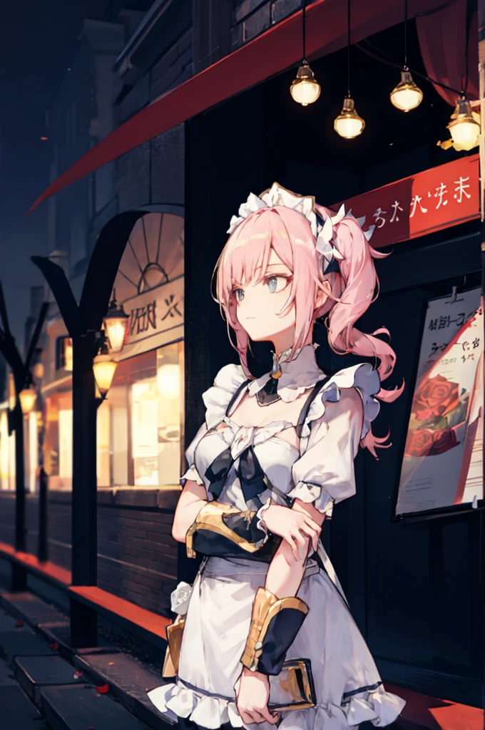 1 girl,rose,Upper body,pink long hair,high twin tail,((White Maid Costume)),blue eyes,Blunt bang,((whole body)),whole body,