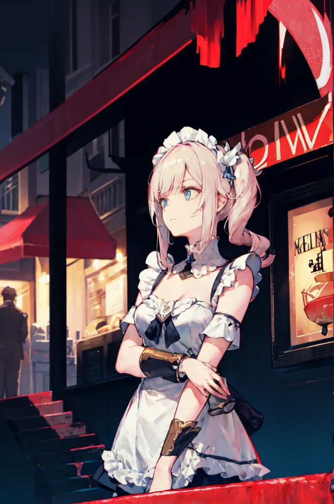 1 girl,rose,Upper body,pink long hair,high twin tail,((White Maid Costume)),blue eyes,Blunt bang,((whole body)),whole body,