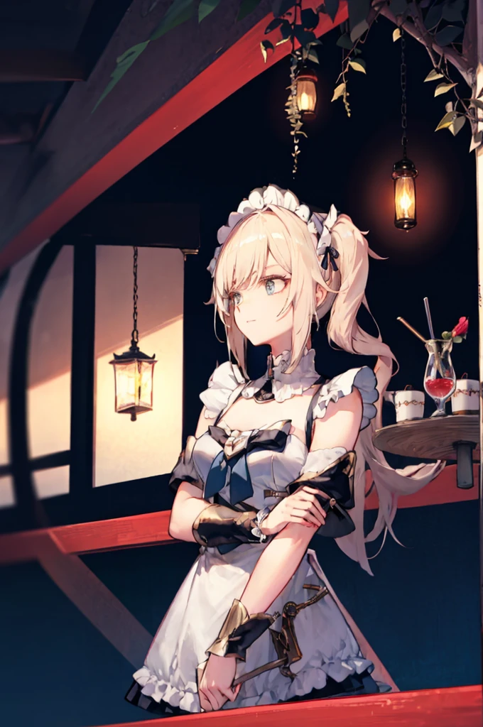 1 girl,rose,Upper body,pink long hair,high twin tail,((White Maid Costume)),blue eyes,Blunt bang,((whole body)),whole body,