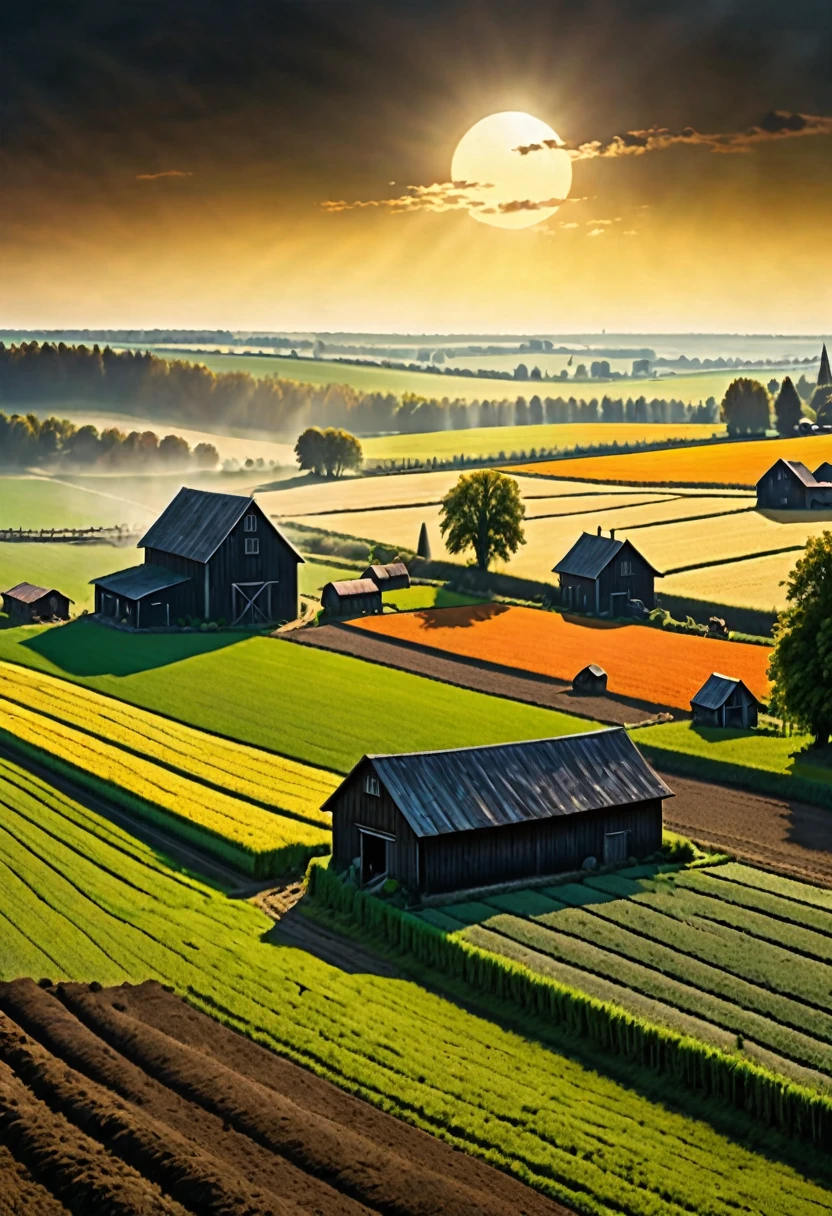 panoramic view of a planting field, with some barns in the distance and animals on a sunny morning , dark fantasy  style from the 70s, with intense German-style romantic painting. Shadows and spectacular lighting.