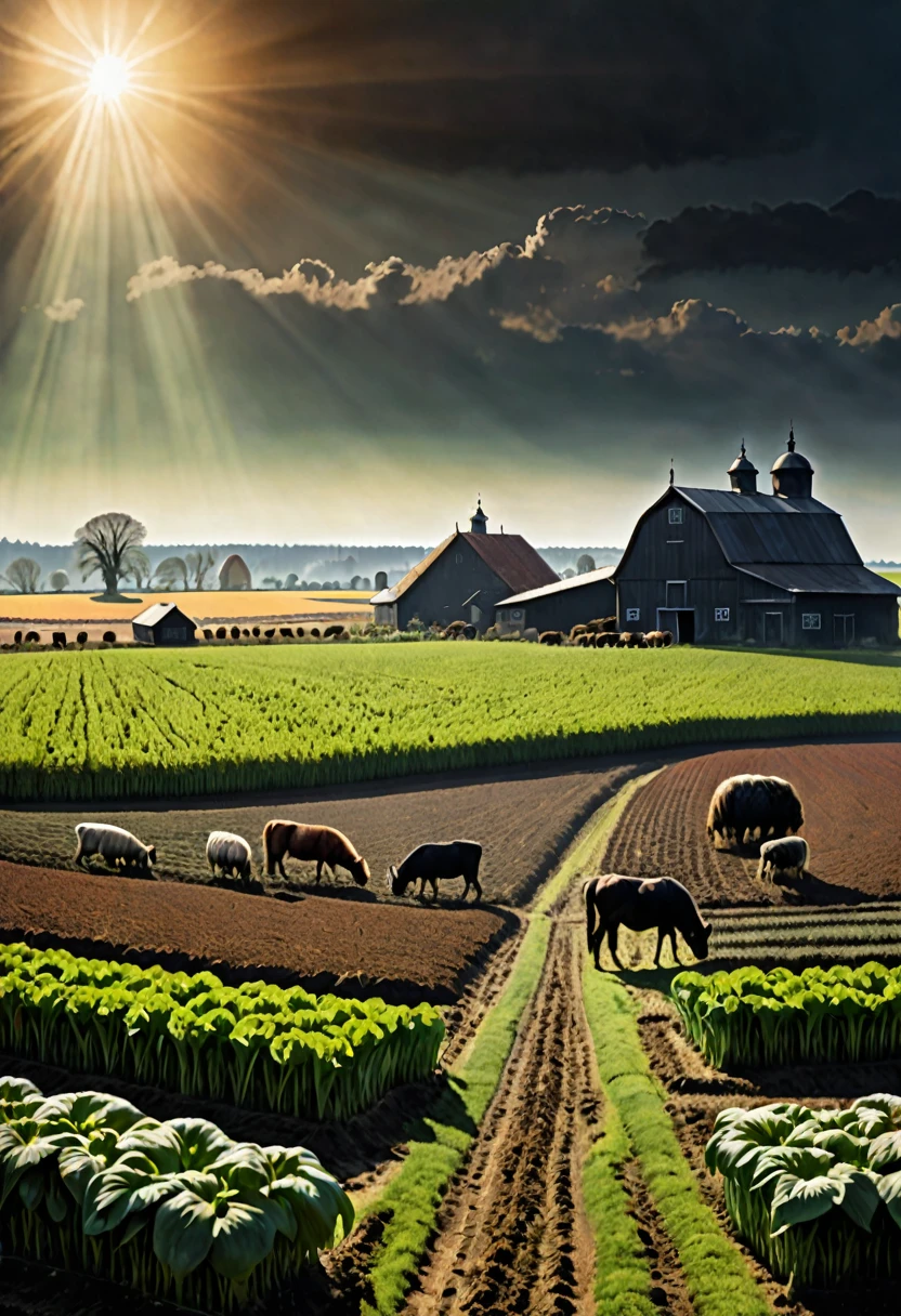 panoramic view of a planting field, with some barns in the distance and animals on a sunny morning , dark fantasy  style from the 70s, with intense German-style romantic painting. Shadows and spectacular lighting.