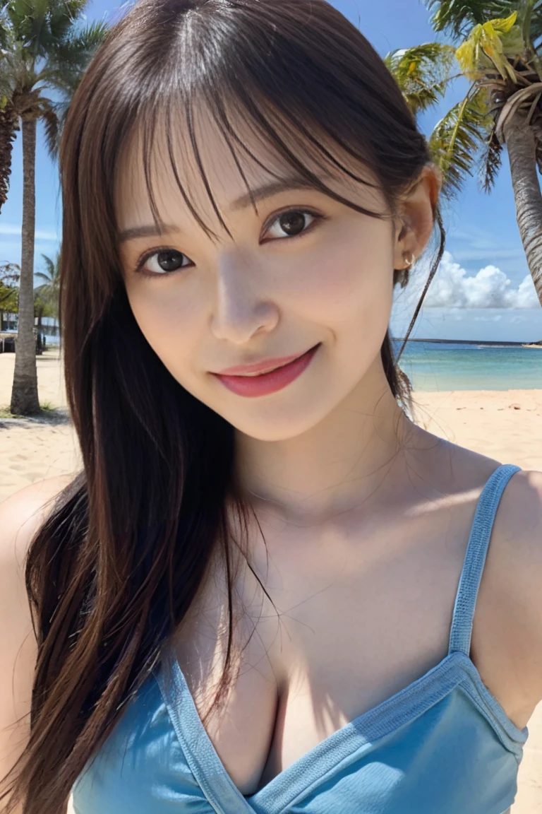 ((masterpiece、High resolution、High resolution、、whole body))1 high school girl、smile、Brown Hair、Long Hair、Clear Eyes、Thick lips、Blue swimsuit、Navel exposed、Beautiful breasts、Sexy pose、slim、thin、sunlight、Ocean🌊、Sandy Beach、Palm tree🌴