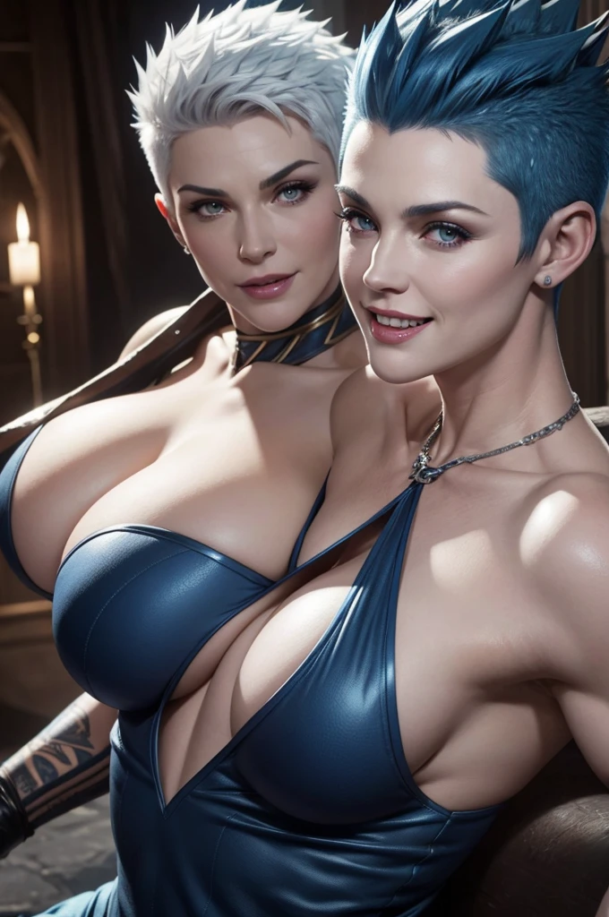 8K,A fifty-year-old woman with very large breasts and very large breasts, Very detailed, so beautiful(Like the real thing),Shining Eyes,Pale skin(Ultra-Realistic Skin),His smile reveals his large fangs,Muscular and macho、And a slender devilish woman,Short blue mohawk(Blue Shorthair),woman'My abdominal muscles are severely torn,Fan Art Best Art Station, Wow and Types of bacteria, Wow art, art of Wow, Wow | Types of bacteria, 2. 5d cgi anime fantasy artwork, 8K high quality detailed art, Up to the model | Types of bacteria8K、Photorealistic RAW photos of the highest quality。so beautiful(Like the real thing顔) Bright colors、The image of a perfect woman,Art Station Trends、masterpiece、8K resolution、Ultra-high resolution,charm,sexly,Rich colors, Backlight, ((large breast)),Cinema Lighting, Film Grain, to be born, 50MM lens, Nikon D850,compensate,Blue and white Arabian breastplate(Detailed Coat of Arms),In front of the ruins in the forest,View your viewers,Numerous tattoos all over the body(Accurate tattoo details),On the head3The corners of the book are to be born(Details of the three corners),Pointy Ears,Lean and muscular lower body,Blue and white sarouel pants,Big eyes,flower,Tan Skin,