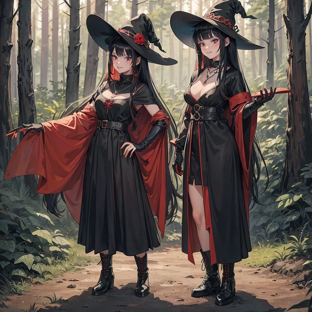 a group of beautiful witch girls in the middle of a forest in the night, tribal tattoo , red and black hair , standing girl young girl, gloves, elbow pads, boots, smiles, witch hat , small breasts, long black dress, necklaces, jewelry decorations , black red hair , red hair , black hair , blonde hair, blue eyes, full body,