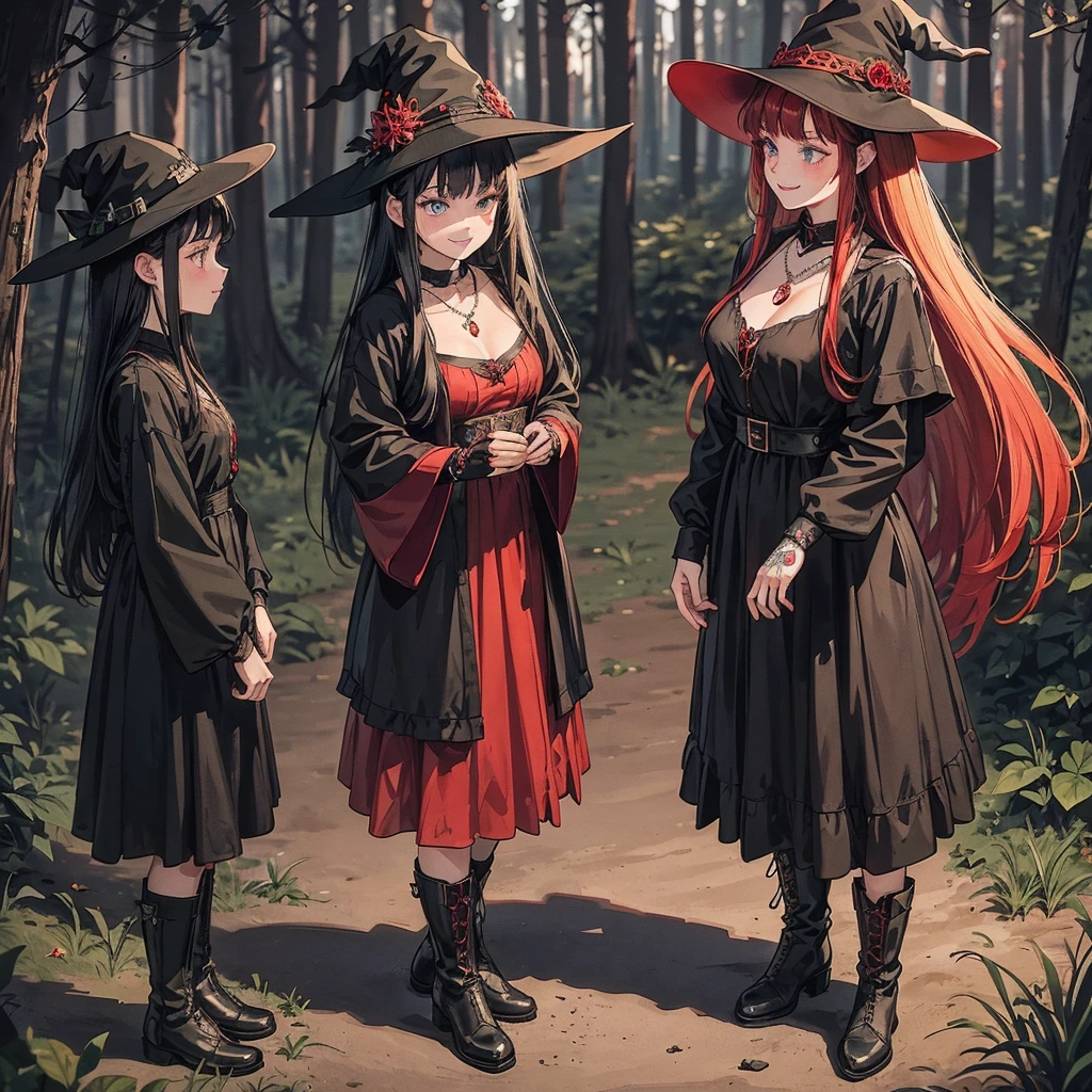 a group of beautiful witch girls in the middle of a forest in the night, tribal tattoo , red and black hair , standing girl young girl, gloves, elbow pads, boots, smiles, witch hat , small breasts, long  black dress, necklaces, jewelry decorations , black red hair , red hair , black hair , blonde hair, blue eyes, full body,
