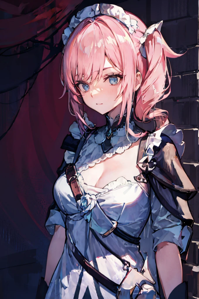 1 girl,rose,Upper body,pink long hair,high twin tail,((White Maid Costume)),blue eyes,Blunt bang,((whole body)),whole body,