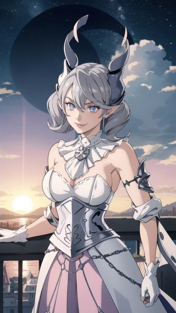 Beautiful arts wallpaper Sunset Outside castle top High level image quality best image quality 8K adult woman silver castle outside more colors whole body view portrait horn ears short hair((shortcut)(gray hair)(perm)(fluffy)) eye color is blue , , attractive evil face , smile , heroic stance , labrynth , barearm ,gloves , wearing pink , standing ,