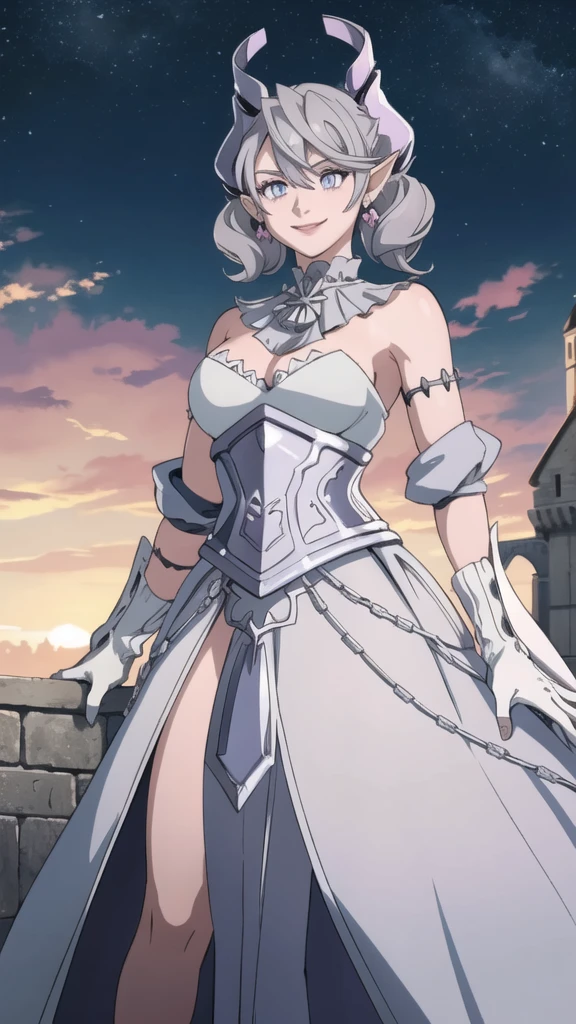 Outside castle top High level image quality best image quality 8K adult woman silver castle outside more colors whole body view portrait bikini horn ears short hair((shortcut)(gray hair)(perm)(fluffy)) eye color is blue , , attractive evil face , smile , sexy pose , labrynth , barearm , gloves , wearing pink , standing , crossed legs, view heels , view below