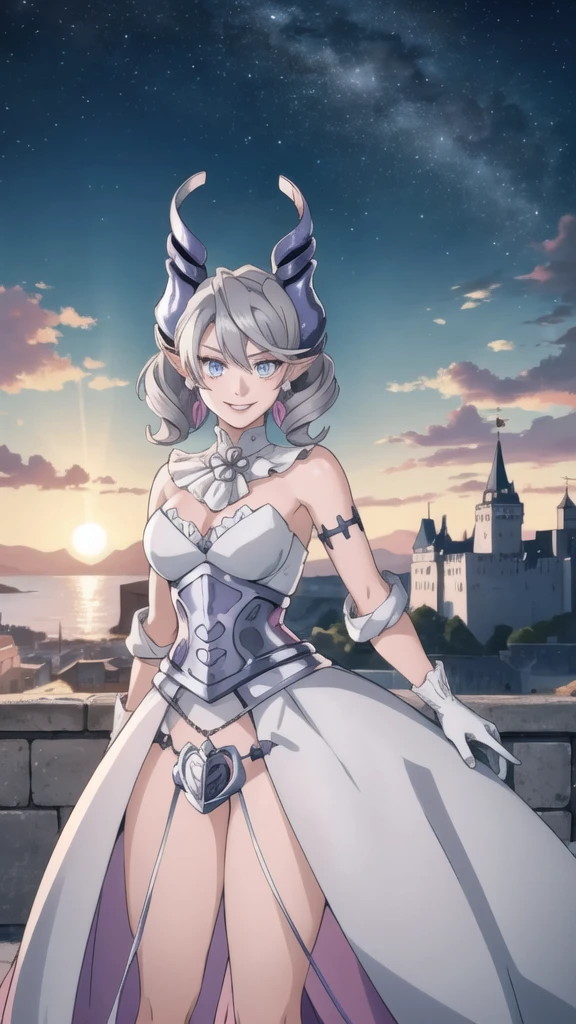 Beautiful arts wallpaper Sunset Outside castle top  High level image quality　best image quality　8K　 adult woman   silver castle outside  more colors   whole body view　portrait　    　horn    ears  　short hair（（shortcut）（gray hair）（perm）（fluffy））　eye color is blue ,  , 　attractive evil face , smile   ,  heroic stance   ,  labrynth ,  barearm  ,gloves   , wearing pink   , standing , 