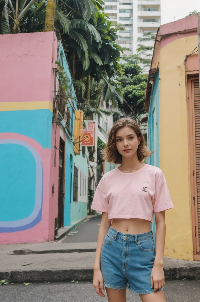her name is Annie, high quality, 1girl, ((20-year-old fit Caucasian woman)), ((20 years old)), ((fit)) Wolf Cut hair, pose: standing, wearing pastel colored unique g gen Z modern wear, BACKGROUND: From the colorful neighborhoods of Rio de Janeiro, with its iconic beaches, lush rainforests, and vibrant Carnival celebrations