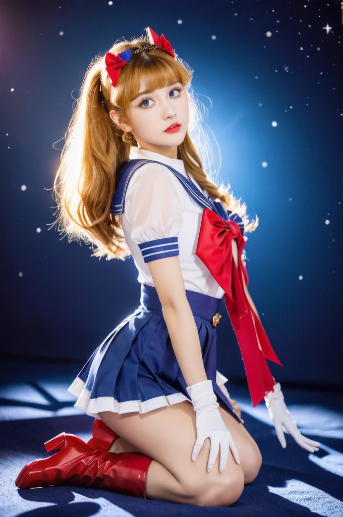 masterpiece, Highest quality, (1 Girl), Super Sailor Moon, Cowboy Lens, night sky, moonlight, night, White gloves, blue eyes, Galaxy Background, Colorful clothes, , Blue Skirt, hair ornaments, Red Bow, brooch, heart brooch, Earrings, Crescent Moon, heart necklace, heart, Very long hair, Crescent Moon moon Earrings, tiara, Yellow Necklace, boots, knee boots,  Red Shoes, Long legs