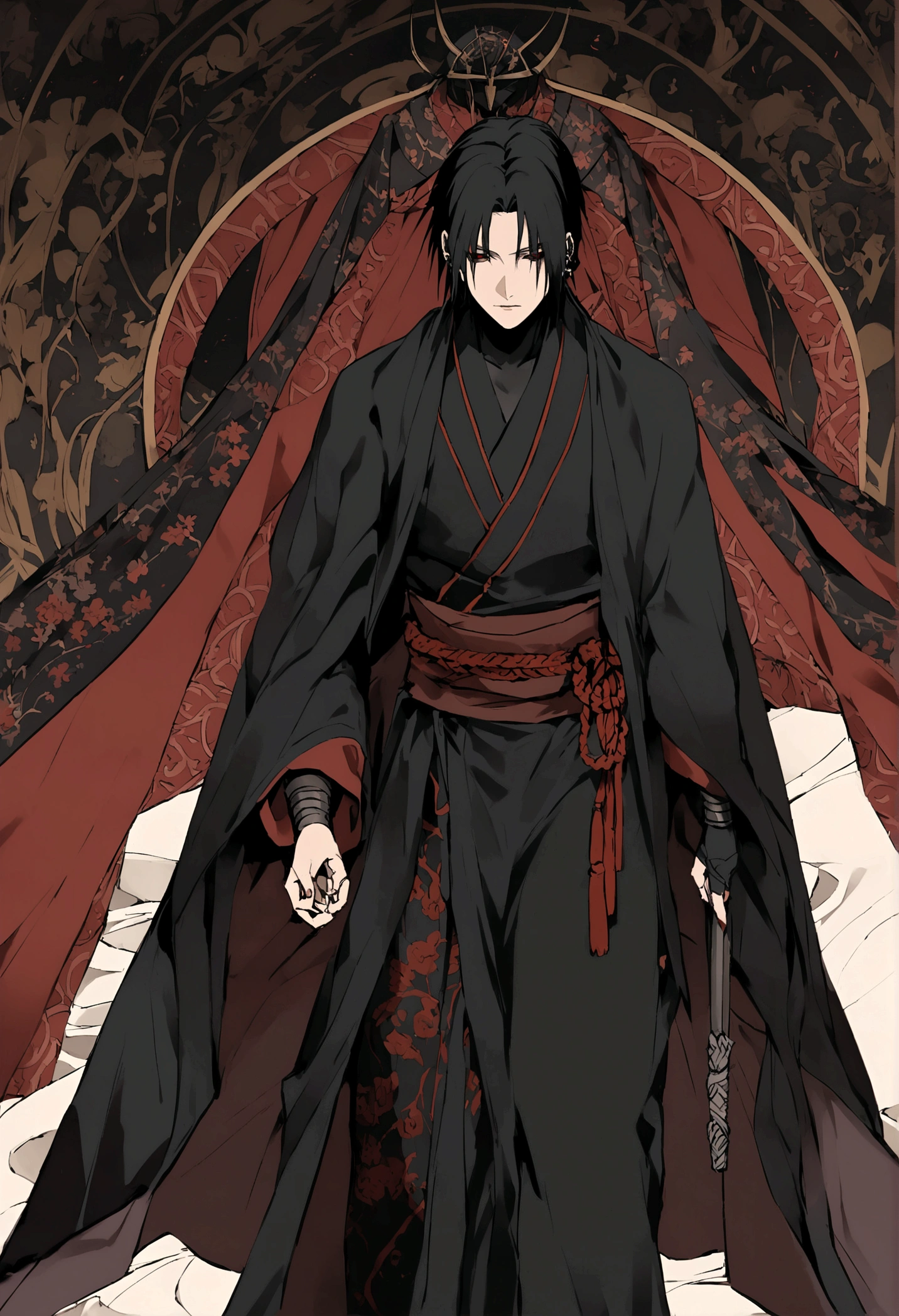 Enter the enigmatic world of Uchiha Itachi, a figure shrouded in mystery and complexity. Clad in his iconic cloak, the darkness seems to linger around him, hinting at the shadows of his past and the weight of his sacrifices. His piercing gaze betrays a depth of wisdom and sorrow, a reflection of the burdens he carries as a shinobi with a tumultuous past. As a member of the renowned Uchiha clan, Itachi's presence exudes a blend of power and restraint, an embodiment of the clan's legacy and tragic history. His attire bears the distinct Uchiha symbol, a reminder of his heritage and the path he has walked. In this portrayal, Itachi stands as a formidable yet enigmatic figure, captivating viewers with his stoic demeanor and inscrutable expression. His character is a tapestry of contradictions, a mix of darkness and light, strength and vulnerability, making him a compelling and multifaceted individual in the world of shinobi. Immerse yourself in the enigma of Uchiha Itachi, where shadows and light dance upon his visage, revealing only fragments of the intricate tapestry that is his story. Explore the depths of his character and the legacy he carries, as he walks the fine line between darkness and redemption in the ever-evolving world of ninjutsu and shinobi warfare. Banda en la cabeza con el simbolo de la aldea de la hoja, la banda es de metal debajo tiene cuero negro.
