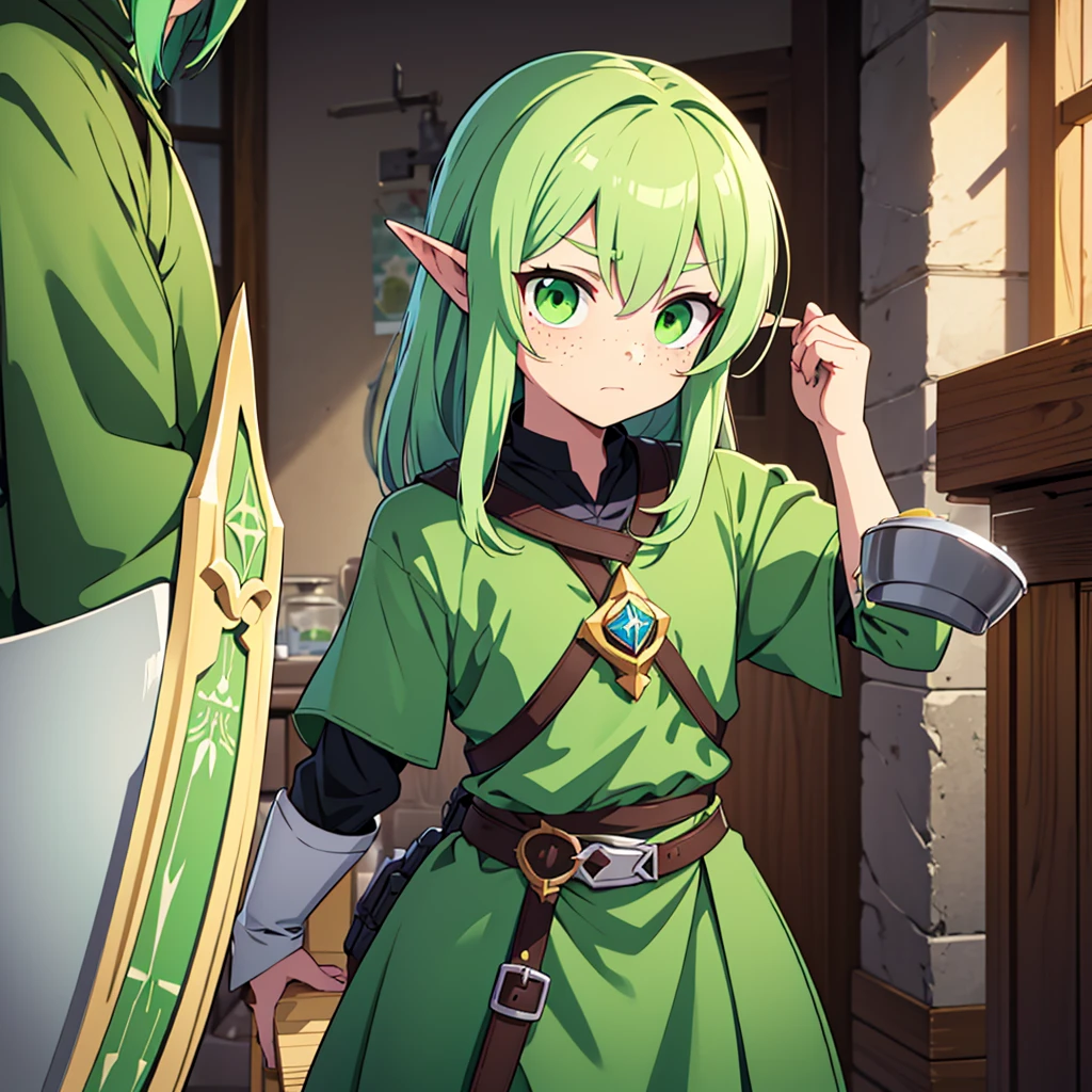 Cute young dark elf girl with ashen skin color , light green hair and dark green eyes. Has freckles on his face, not tall, carries a small shield in his right hand. Is an excellent doctor, understand poisons and medicines. 