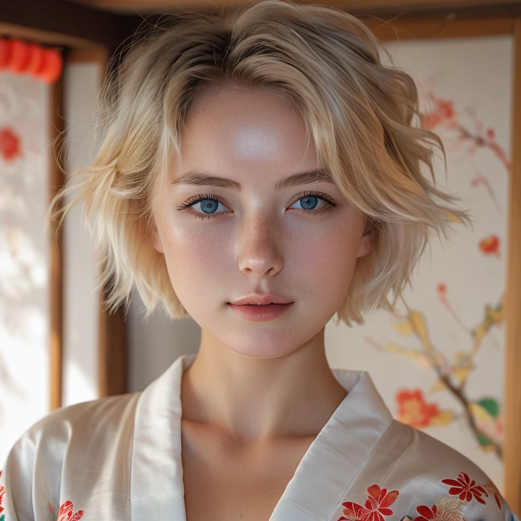 1girl in, age22, Solo, short blond hair, looking at the camera, o-face, translucent white fairly skin, blonde hair, full body, (extremely detailed 8k wallpaper), soft lighting, high quality, film grain, Fujifilm XT3 sharp focus, f 5.6, 50mm, High Detail, Sharp focus, (natural light), (seductive), revealing, realistic, sexy, ((Detail eye)), ((Eye: 1.2), ((Kimono)), (breast: 1.2)